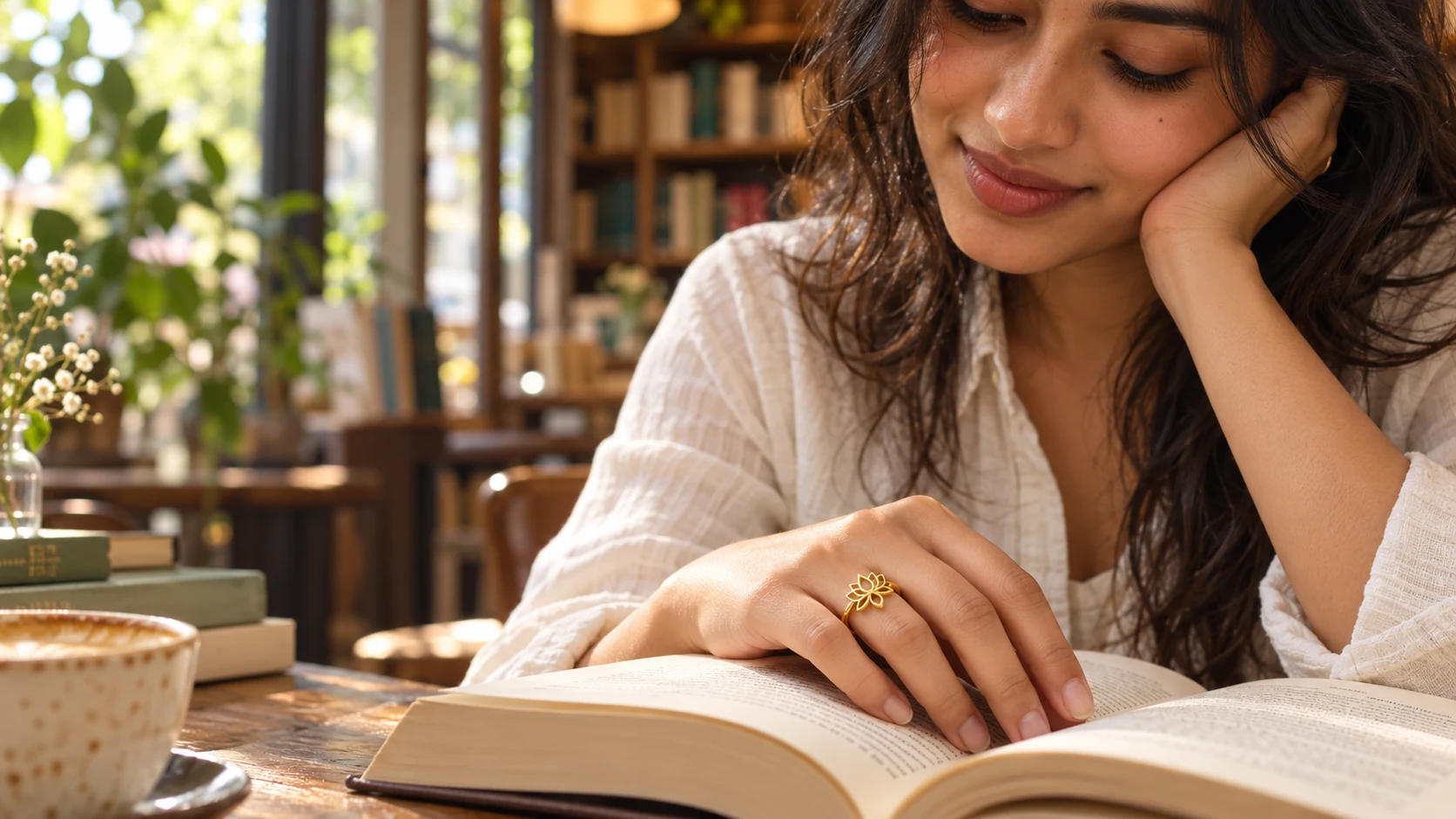 A young Indian woman reading at a bookshop café, wearing the gold Lotus Bloom Ring