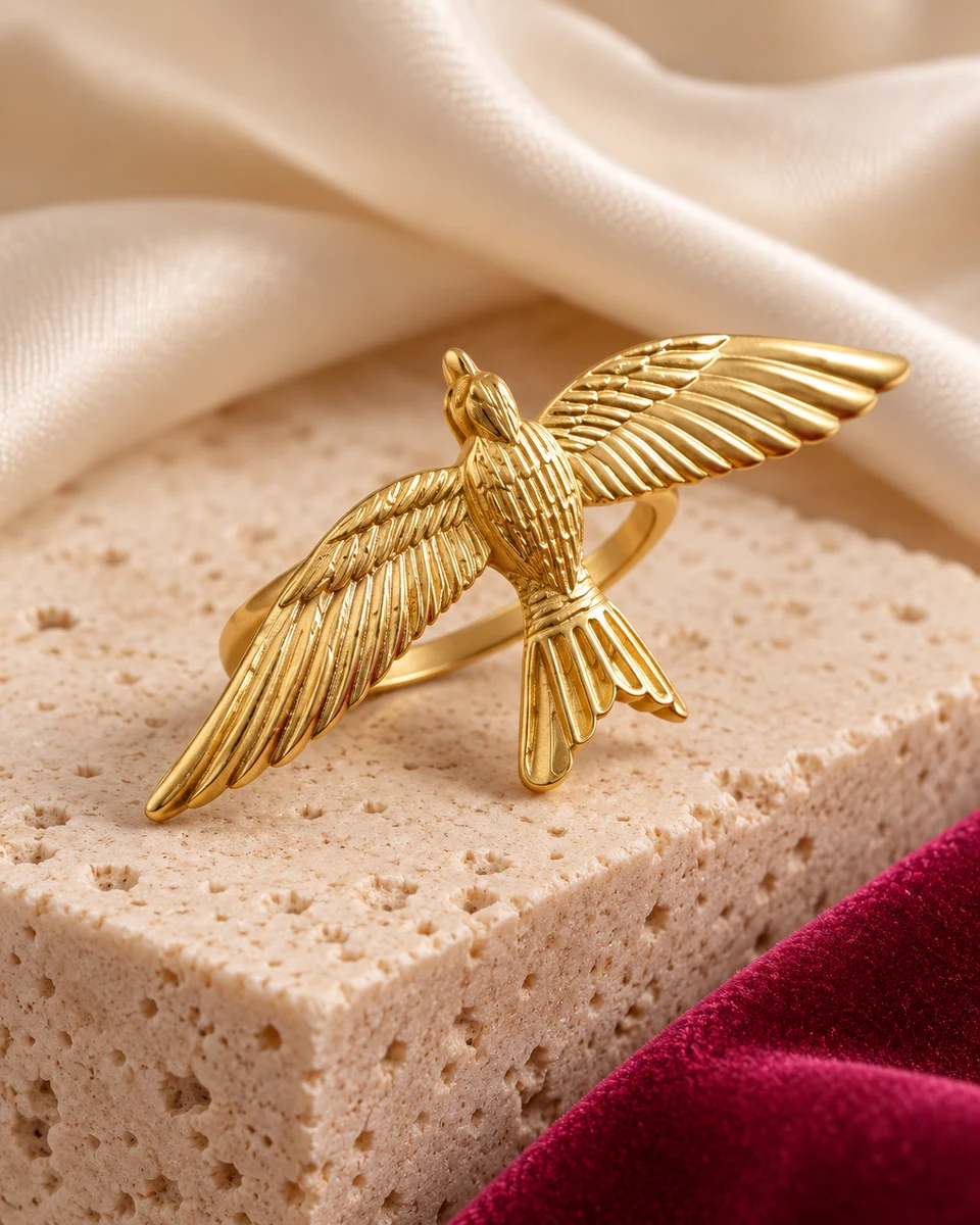 Golden Swallow Adjustable Ring — In the studio